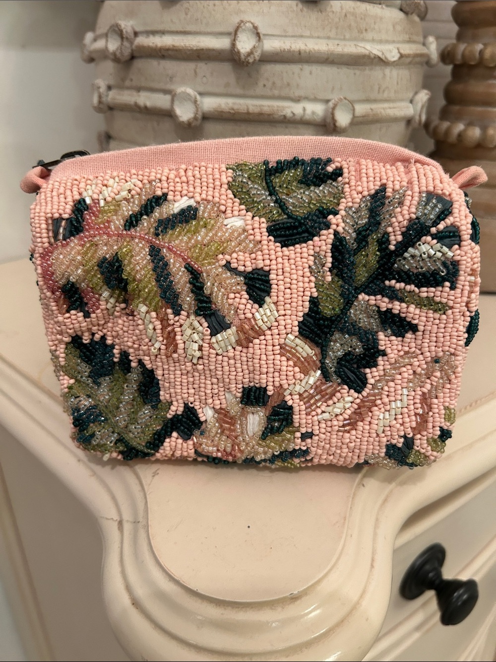 Anthropologie Pink Beaded Leaf Cosmetic Pouch